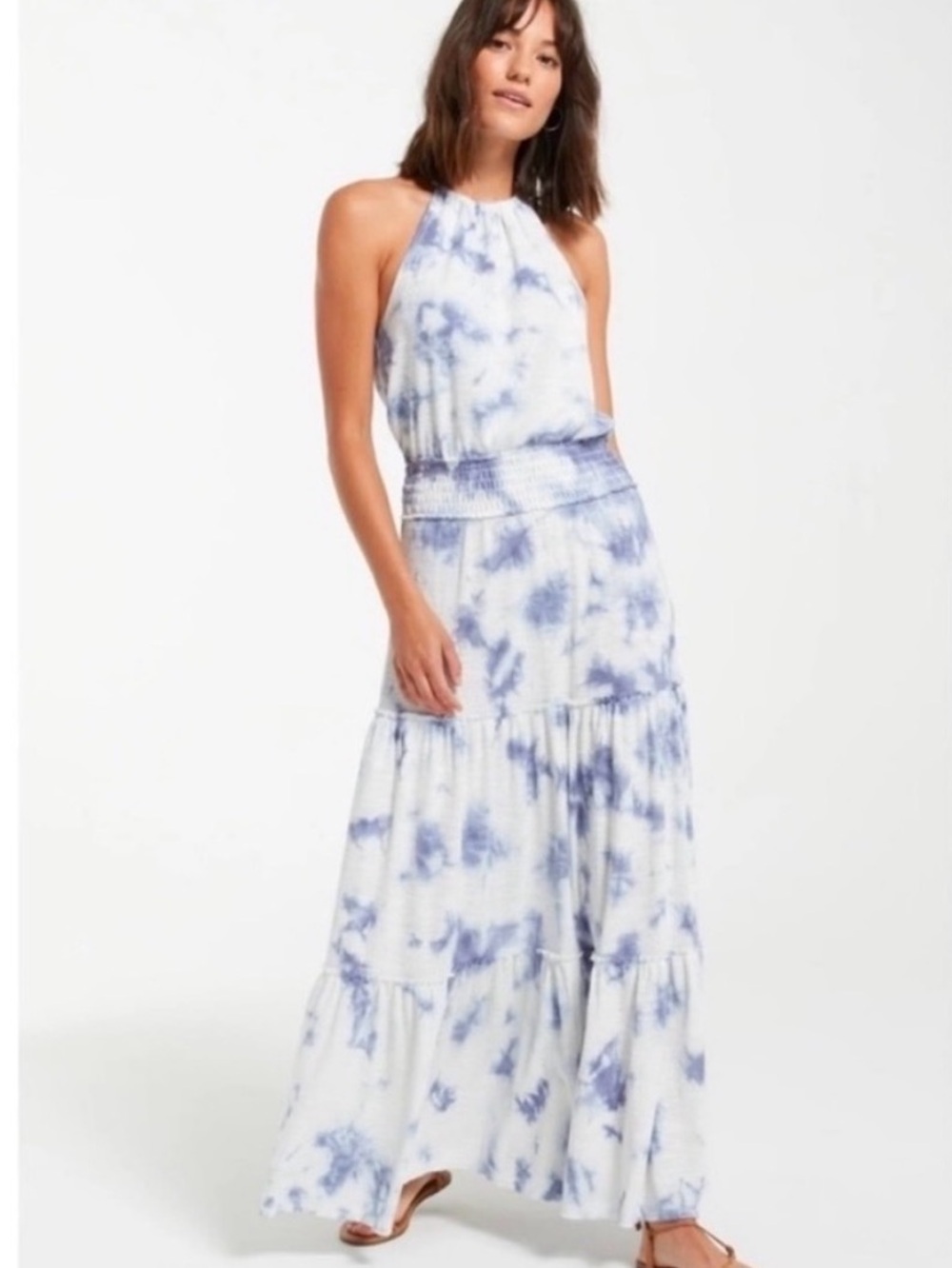 Z Supply Beverly Cloud Blue and White Tie-Dye Halter Maxi Dress